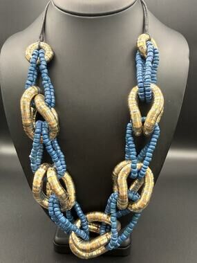 Vintage Chunky Multi Strand Blue Bead Statement Necklace Flexible Gas Pipe Links